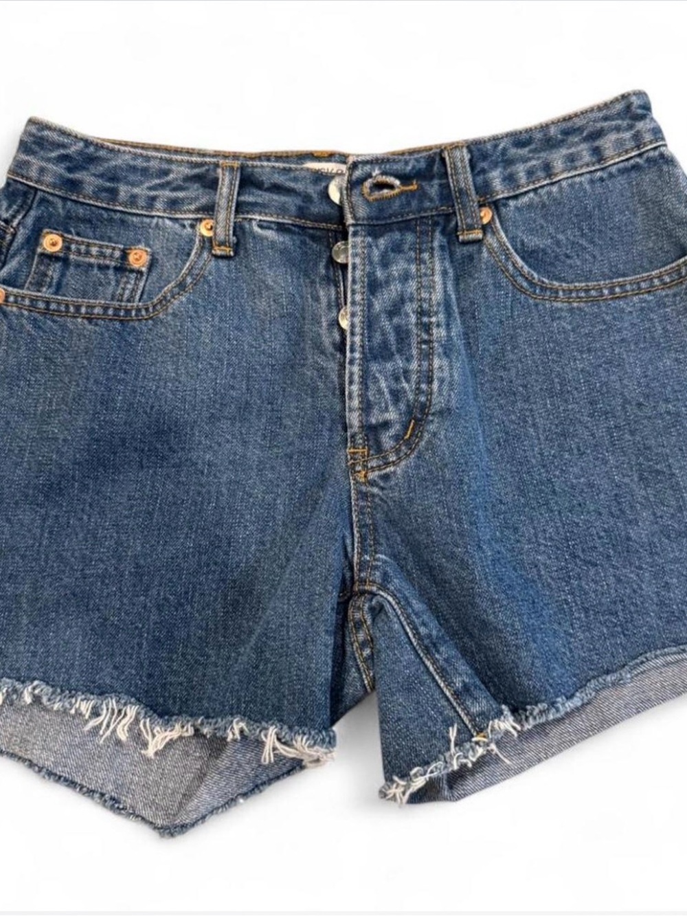 Women's High-Rise Frayed Hem Denim Shorts - Blue